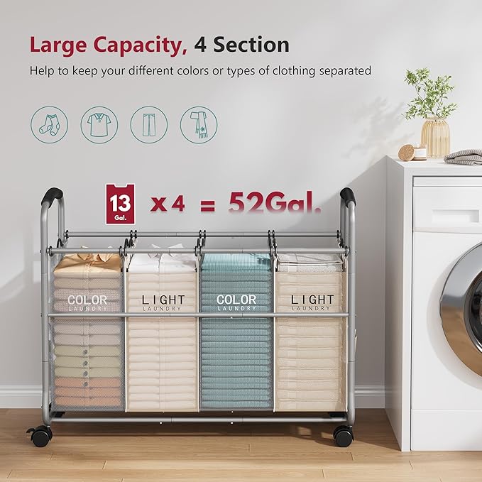 Tajsoon Laundry Sorter 4 Sections, Laundry Separator Hamper with Heavy Duty Lockable Rolling Wheels, Laundry Divider with Removable Bags for Dirty Clothes Storage, Beige & Grey