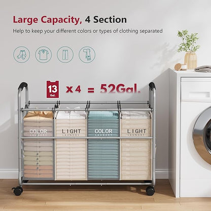 Tajsoon Laundry Sorter 4 Sections, Laundry Separator Hamper with Heavy Duty Lockable Rolling Wheels, Laundry Divider with Removable Bags for Dirty Clothes Storage, Beige & Grey
