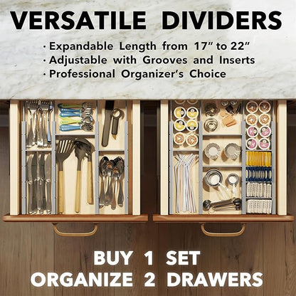 SpaceAid Bamboo Drawer Dividers with Inserts and Labels, Kitchen Adjustable Drawer Organizers, Expandable Organization for Home, Office, Dressers, 10 Dividers with 24 Inserts (17"-22" Gray)