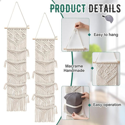 Wonderjune 2 Pcs Baseball Cap Holder, Boho Macrame Hat Organizer for Wall, over the Door Hat Rack for Decoration and Display Handmade Hanger for Baseball Holder up to 20 Caps(White)