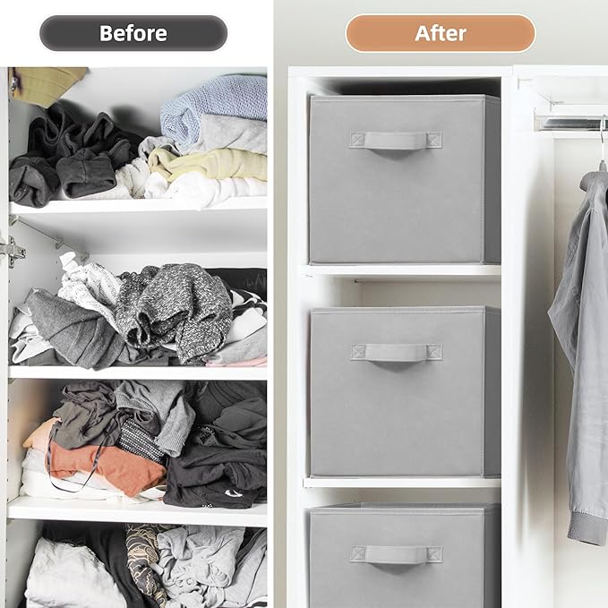 Storage Cubes - STORAGE MANIAC, 11 Inch Collapsible Storage Bins with Handles, 6 Pack Fabric Foldable Bins for Organization, Durable Storage Bins for Closet, Shelves, Offices, Toys, Grey