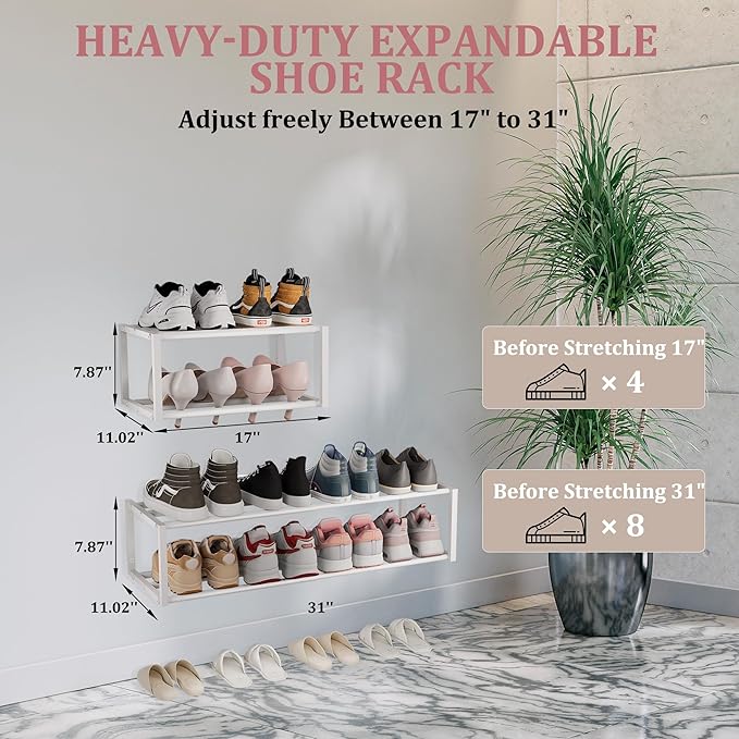 3 Pack Expandable Wall Mounted Shoe Rack, 17"-30"Adjustable Hanging Shoe Rack Holds 18 Pairs, Heavy Duty Metal Shoe Racks Holder with 6 Storage Hooks, Space Saving for Entryway Closet Doorway（White)
