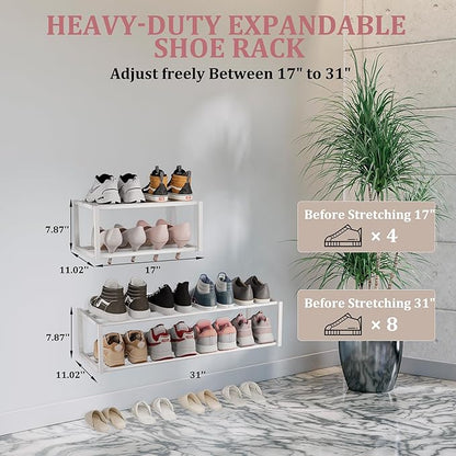 3 Pack Expandable Wall Mounted Shoe Rack, 17"-30"Adjustable Hanging Shoe Rack Holds 18 Pairs, Heavy Duty Metal Shoe Racks Holder with 6 Storage Hooks, Space Saving for Entryway Closet Doorway（White)
