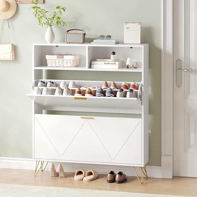 Shoe Cabinet Storage for Entryway, White Shoe Organizer with 2 Flip Drawers & Open Shelf, Hidden Large Shoe Storage Cabinet with Metal Legs, Freestanding Tipping Bucket Shoe Cabiet