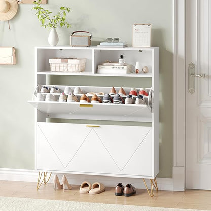 Shoe Cabinet Storage for Entryway, White Shoe Organizer with 2 Flip Drawers & Open Shelf, Hidden Large Shoe Storage Cabinet with Metal Legs, Freestanding Tipping Bucket Shoe Cabiet
