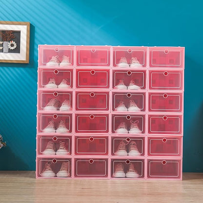 24 Pack Stackable Shoe Boxes with Clear Lids - Foldable Shoe Storage Organizer for Closet Cabinet, Color Options for Sneakers Flats Home Organization (Pink)