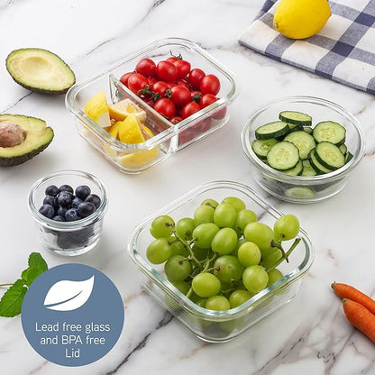 COOK WITH COLOR Premium 32-Pc. Borosilicate Glass Food Container Set with Dividers - 4 Rectangles, 8 Rounds, 4 Squares - Leakproof Lids - Meal Prep, Storage, Blue