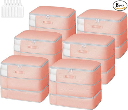 Comforter Storage Bag - Large Capacity Blanket Storage Bags 3-Layer Ultra Space Saving Self Compression Organizer, Washable Compression Bags for Storage Comforter Blanket, 6-Pack, Pink