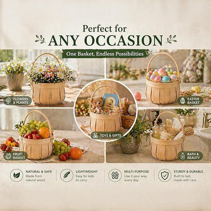 Small Round Natural Woodchip Wooden Decorative Storage Basket with Handle