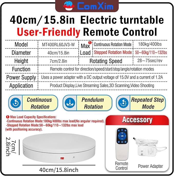 15.8In Remote Motorized Electric Turntable Rotating Display Stand Rotating Platform Photography Turntable motorized lazy susan base giratoria para for Photography,3D Scanner,(Load Range:132~400lbs)