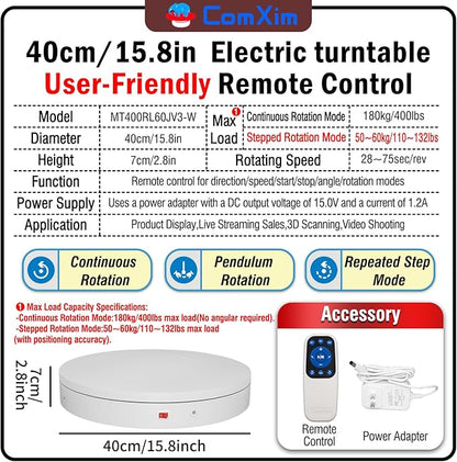 15.8In Remote Motorized Electric Turntable Rotating Display Stand Rotating Platform Photography Turntable motorized lazy susan base giratoria para for Photography,3D Scanner,(Load Range:132~400lbs)