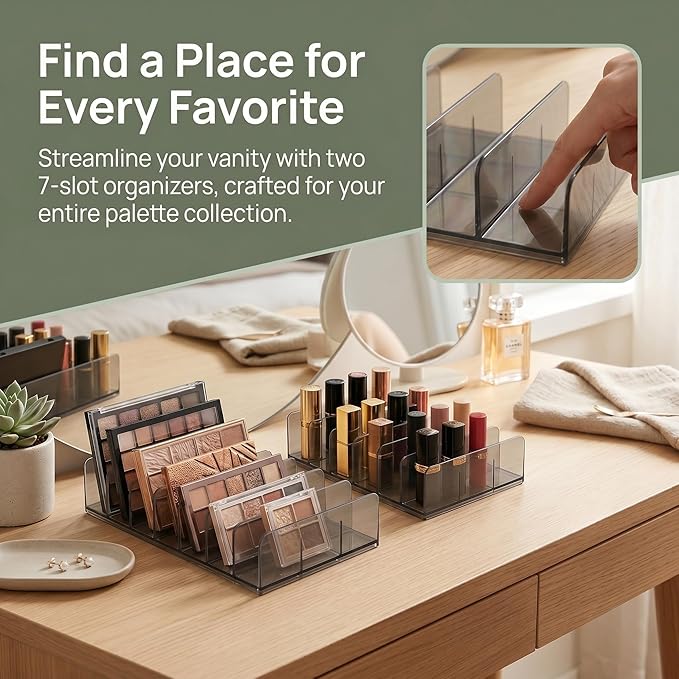 2 Pack Makeup Palette Organizer, 7-Slot Acrylic Eyeshadow Palette Organizer for Drawer or Vanity, Smoky Gray Cosmetic Holder for Palettes, Lipsticks & Compacts