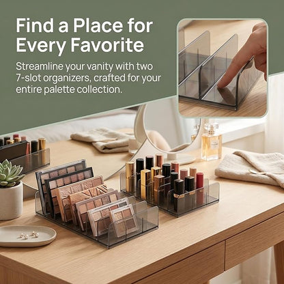 2 Pack Makeup Palette Organizer, 7-Slot Acrylic Eyeshadow Palette Organizer for Drawer or Vanity, Smoky Gray Cosmetic Holder for Palettes, Lipsticks & Compacts