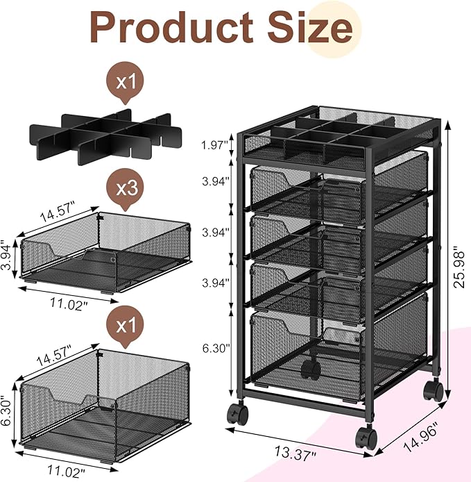 5-Tier Rolling Makeup Cart Organizer with 4 Drawers, Cosmetics Display with Dividers, Floor Skincare Storage with Wheels, Versatile Vanity Organizer for Nail Polish Perfume Brush Hair Tool, Black