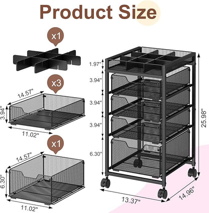 5-Tier Rolling Makeup Cart Organizer with 4 Drawers, Cosmetics Display with Dividers, Floor Skincare Storage with Wheels, Versatile Vanity Organizer for Nail Polish Perfume Brush Hair Tool, Black