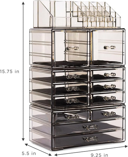 Sorbus Large Makeup Organizer - Clear Stackable Jewelry & Makeup Organizer For Vanity, Bathroom Storage, Dresser - 12 Drawers Cosmetic Beauty Organizers and Storage with Lipstick, Makeup Brush Holder