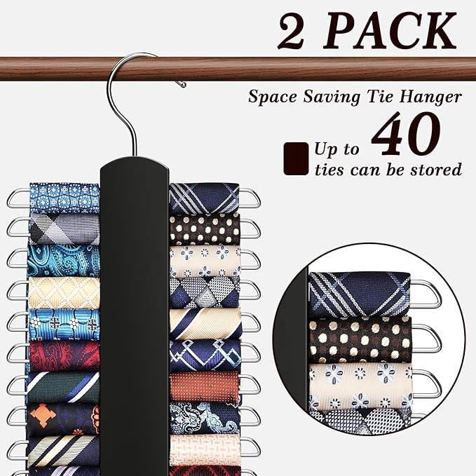 2 Pack Tie Rack for Closet, Premium Wooden Necktie Organizer Storage Tie/Belt Hanger, 360 Degree Swivel Space Saving Ties Holder for Men Hanging 40 Ties Black