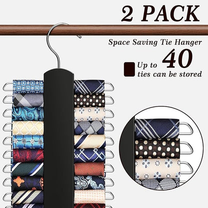 2 Pack Tie Rack for Closet, Premium Wooden Necktie Organizer Storage Tie/Belt Hanger, 360 Degree Swivel Space Saving Ties Holder for Men Hanging 40 Ties Black