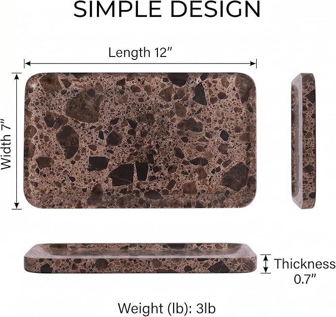Dark Emperador Marble Vanity Tray for Bathroom Counter-12 X7 Decorative Tray for Perfume, Candles, Stone Jewelry Dish Tray