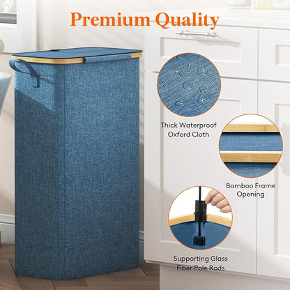 Lifewit 75L Slim Laundry Hamper with Lid, Narrow Laundry Basket with Removable Bag & Bamboo Handles, Fodable Thin Dirty Clothes Hamper for Laundry Collapsible Bin for Bathroom Bedroom Dorm, Dark Blue
