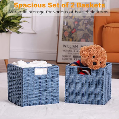 Vagusicc Wicker Storage Basket, Set of 2 Hand-Woven Storage Baskets for Shelves with Handles, Foldable Cube Storage Bins Organizer, Blue 13x13 Inch Large Wicker Baskets for Pantry Bedroom Decor, Blue