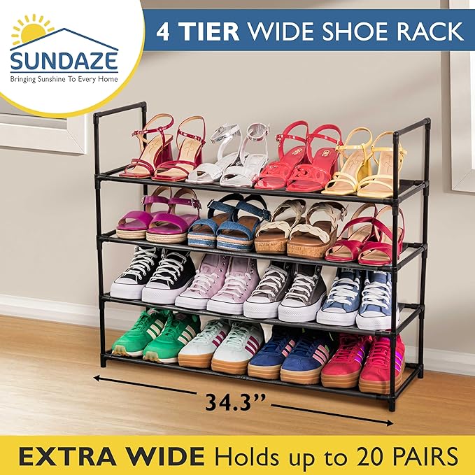 Sundaze Shoe Rack - 4 Tier Shoe Rack for Front Door Entrance, Sturdy Long Shoe Organizer for Closet, Bedroom, Entryway, Garage, Non Woven Fabric Shelf, Black, Holds Up to 20 Pairs