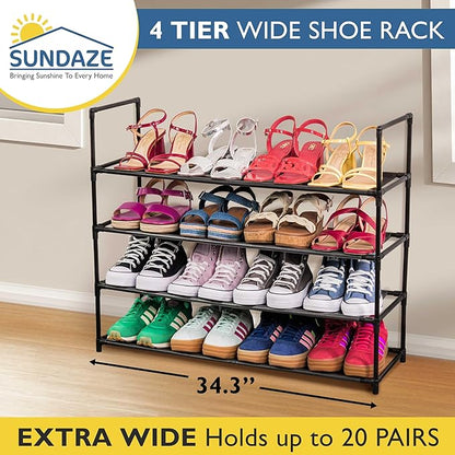 Sundaze Shoe Rack - 4 Tier Shoe Rack for Front Door Entrance, Sturdy Long Shoe Organizer for Closet, Bedroom, Entryway, Garage, Non Woven Fabric Shelf, Black, Holds Up to 20 Pairs