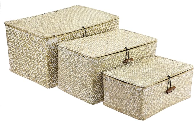 Hipiwe Set of 3 Wicker Storage Baskets with Lid - Large Handwoven Seagrass Shelf Basket Bins Rectangular Nesting Household Organizer Boxes for Shelf Closet Wardrobe Organizer, Whitewash