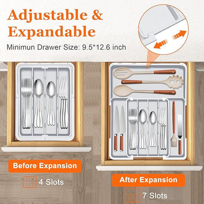 Spaclear Expandable Silverware Drawer Organizer - 7 Compartments BPA-Free Kitchen Utensil Tray, Adjustable 12.6”×9.5" to 19"×15.2", Cutlery Drawer Organizer, Gray