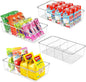 ZIZOTI Snack Organizer for Pantry Shelf, 4 Pack Clear Plastic Pantry Storage Bins with 3 Dividers for Snacks, Spices, Chips Food Organizer, Stackable Pantry Organizers for Kitchen, Fridge, Cabinet