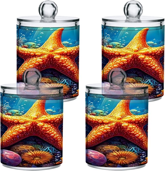 ALAZA 2pcs Orange Starfish Seashell Ocean Qtip Holder Dispenser 14 oz Bathroom Storage Clear Apothecary Jars Containers Cotton Ball,Cotton Rounds,Floss Picks, Hair Clips, Food