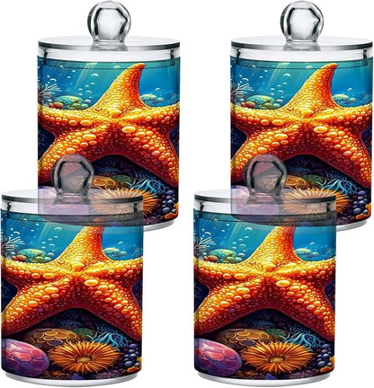 ALAZA 2pcs Orange Starfish Seashell Ocean Qtip Holder Dispenser 14 oz Bathroom Storage Clear Apothecary Jars Containers Cotton Ball,Cotton Rounds,Floss Picks, Hair Clips, Food