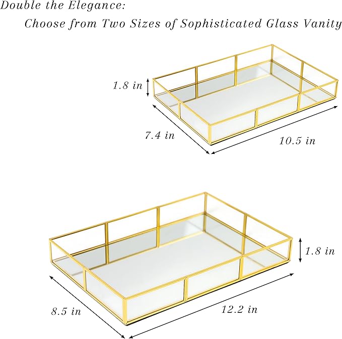 Perfume Tray Vanity Tray with Metal Frame, Gold Tray for Bathroom, Jewelry or Home Decoration 2 Pcs (L+S)