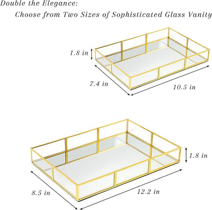 Perfume Tray Vanity Tray with Metal Frame, Gold Tray for Bathroom, Jewelry or Home Decoration 2 Pcs (L+S)