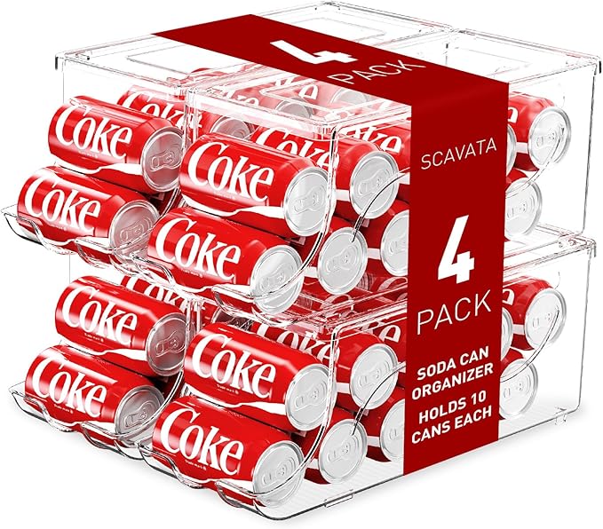 SCAVATA 4 Pack Stackable Refrigerator Organizer, Soda Can Dispenser Pop Cans Container Beverage Holder with Lid for Fridge, Freezer, Kitchen, Clear Plastic Storage Bins-Holds 10 Cans Each