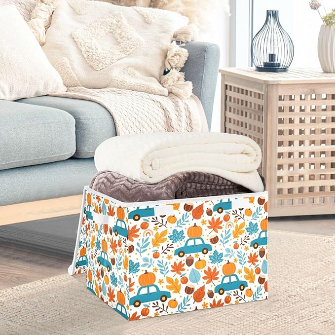 senya Thanksgiving Storage Baskets Collapsible Storage Bins with Lids, Thanksgiving Fall Maple Leaves Truck Pumpkins Storage Boxes Clothes Baskets for Organizing