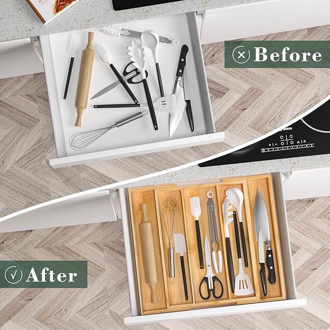 Bamboo Utensil Organizer Cutlery Organizer - Expandable 5 Slots Multipurpose Kitchen Drawer Organizer for Large Cooking Utensils, Baking Tools, Knife Set W13.7"-19.9" x L17.6" X H2.5"(Yellow)