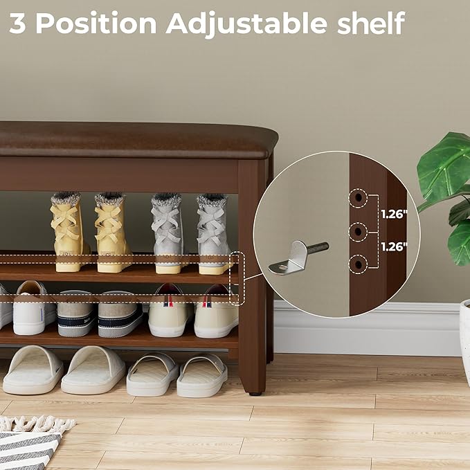 Homleke Shoe Rack Bench with Flip-Top Storage, Solid Wood Entryway Bench with Cushion, Adjustable Shelf, for Hallway, Mudroom, Closet – Walnut, 47.2"