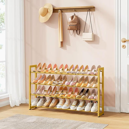 FAVOOSTY 4-Tier Expandable Shoe Rack, Adjustable Shoe Shelf Storage Organizer Space Saving Metal Free Standing Shoe Rack for Entryway Closet Doorway, Gold