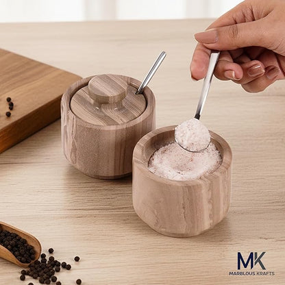 Marble Salt Cellar with Lid and Spoon 3" Inch Natural Brown Salt and Pepper Dish, Sugar and Salt Bowls Countertop, Coffee Container, Spice Jars, Candy Jar, Ideal Mother’s Day Gift for Mom
