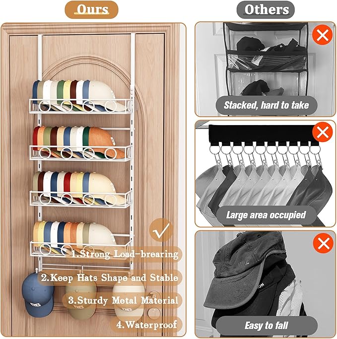 Over Door Hat Organizer 5 Tier Wall Mounted Hat Rack with 4 Adjustable Metal Basket and 3 Hooks Hat Organizer for Baseball caps Hat Hanger Holder Display for Door Closet Cap Organizer Storage