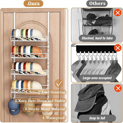 Over Door Hat Organizer 5 Tier Wall Mounted Hat Rack with 4 Adjustable Metal Basket and 3 Hooks Hat Organizer for Baseball caps Hat Hanger Holder Display for Door Closet Cap Organizer Storage
