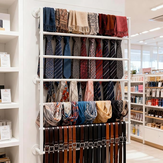 Wall Mounted Display Rack, 7-Layer Wrapping Paper Ribbon Organizer Scarves Tie & Scarf Rack Belts Towel Holder Necktie Hijab Stand Metal Shelving for Home, Retail Stores, Flower Shop