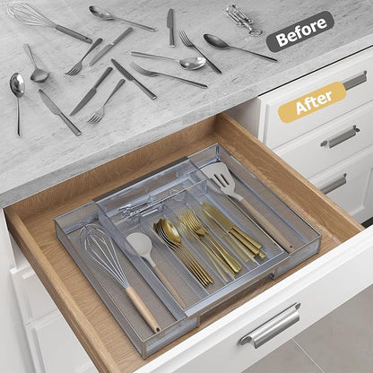 Sedegn Silverware Organizer Metal Mesh, Drawer Organizer, Utensil Cutlery Tray Expandable Flatware Organizer with 7 Compartment Silver 9.6"~16.1" x 13.8"