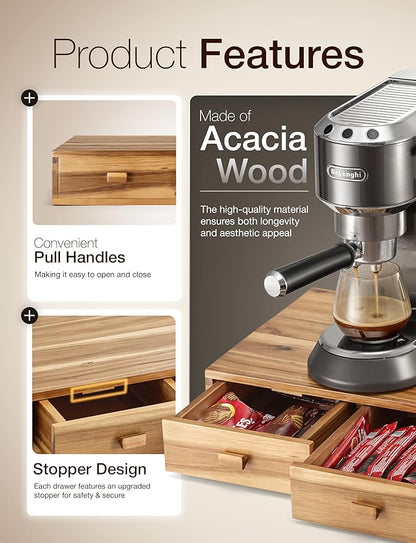 Tinamo Acacia Wood Coffee Pod Storage Box, 30 Pod Capacity, Coffee Pods and Tea Organizer Holder, K Pod Drawer Coffee Maker Machine Stand, for K-Cup Drawer Organizer Under Brewer (Acacia, 2 drawer)