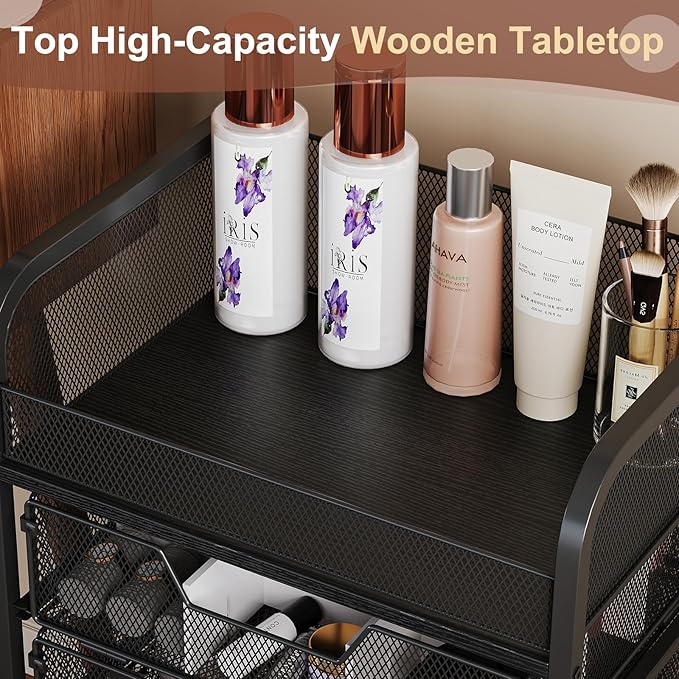 Hongtamoya Makeup Cart Organizer with 4 Drawers, Vanity Storage Organizer, Large Floor Skincare Organizers Cosmetics Display Cases for Skin Care Perfume Nail Polish, Black