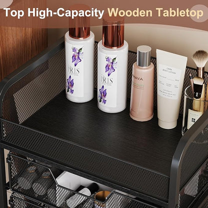 Hongtamoya Makeup Cart Organizer with 4 Drawers, Vanity Storage Organizer, Large Floor Skincare Organizers Cosmetics Display Cases for Skin Care Perfume Nail Polish, Black