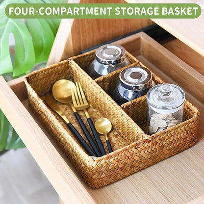 Large Wicker Baskets 4-Section Tea Bag/Sugar Packet Holder,Seagrass Woven Compartment Organizer,Storage Rattan Divided Basket,Office-Desk Baskets for Shelves,Pantry,Coffee Station Organizer-Natural