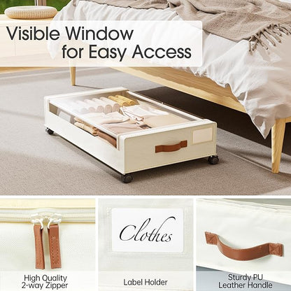 Yecaye 4 Pack Under Bed Storage with Wheels, Under Bed Storage Containers with Lids, Large Under Bed Rolling Storage with Clear Window & Label, Rolling Drawers for Clothes, Blankets, Books