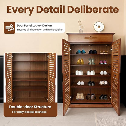 5 Tier Shoe Cabinet with Drawer, Bamboo Shoe Cabinet Organizer with Door, Retro Entryway Shoe Storage Cabinet for Closet, Living Room, Bedroom, Hallway, Doorway